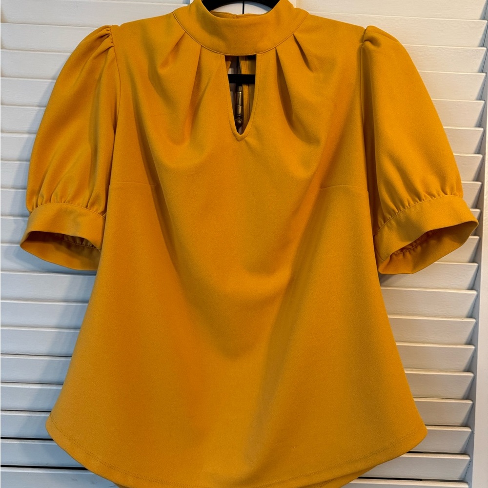 Yellow balloon sleeve keyhole blouse